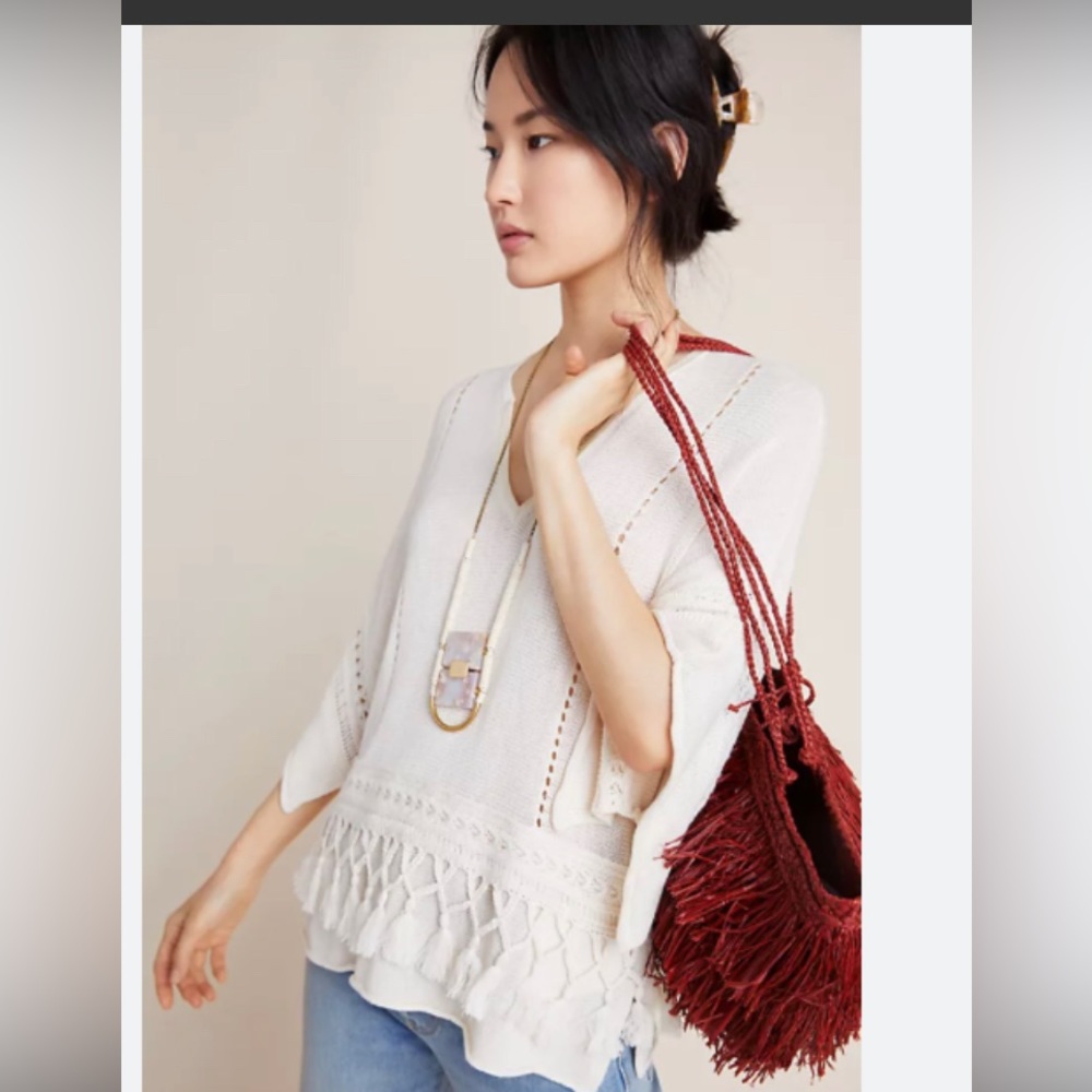 Anthropologie Kaya Tasseled Pullover Ivory Crochet Tunic size XS Boho
